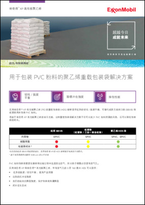 采用埃奇得™ XP 高性能聚乙烯的重载包装袋 (HDS) 能够提供优异的韧性 / 挺度平衡，可替代纸质方底阀口袋 (BBVB) 和纸塑袋用来包装 PVC 粉料。