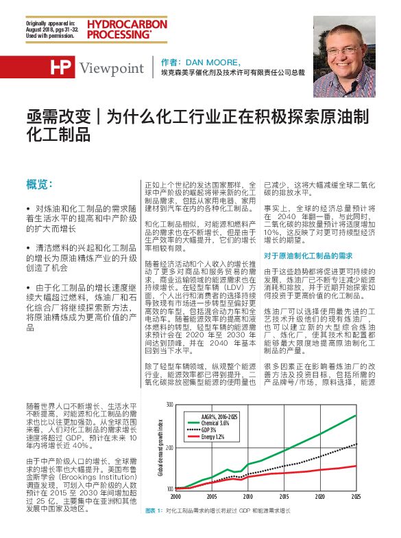 本文是“观点”系列文章的第一篇。作者埃克森美孚催化剂及技术许可有限责任公司总裁Dan Moore先生，在本文中讨论了何种驱动因素促成了原油制化学品的市场转变。
