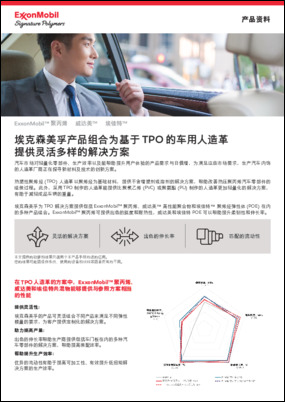 埃克森美孚为热塑性聚烯烃 (TPO) 人造革解决方案提供包括 ExxonMobil™ 聚丙烯、威达美™ 高性能聚合物和埃佳特™ 聚烯烃弹性体 (POE) 在内的 多种产品组合。