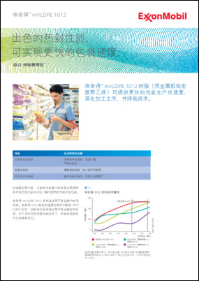 埃奇得™ mVLDPE 1012 树脂（茂金属极低密 度聚乙烯）可提供更快的包装生产线速度， 简化加工工序，并降低成本。