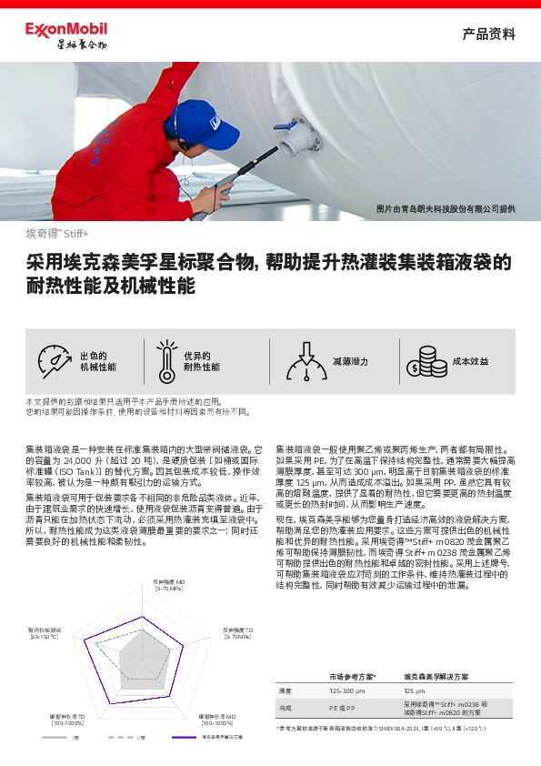 埃克森美孚能够为您量身打造经济高效的液袋解决方案，帮助满足您的热灌装应用要求。这些方案可提供出色的机械性能和优异的耐热性能。