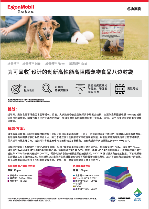  埃克森美孚与佛山利达包装新材料有限公司以及细川阿尔卑那合作，开发了一种创新的全聚乙烯（PE）宠物食品包装解决方案。