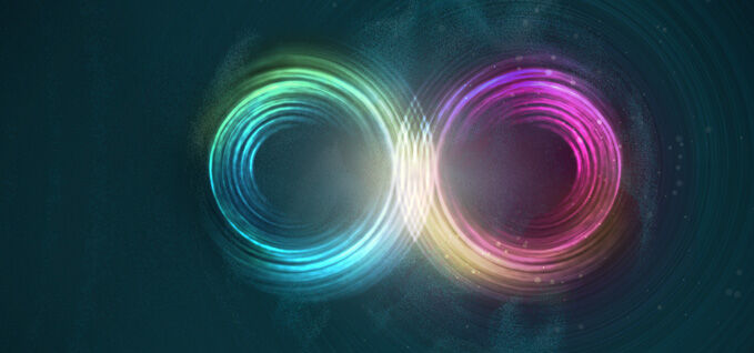 Two multi-colored interlocking rings