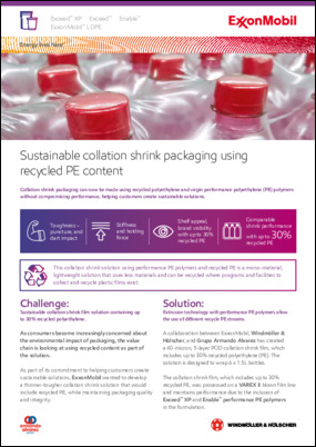Collation shrink packaging can now be made using recycled polyethylene and virgin performance polyethylene (PE) polymers without compromising performance, helping customers create sustainable solutions.