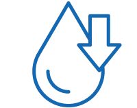 Icon with a droplet and a down arrow describing low volatility to minimize oil consumption.